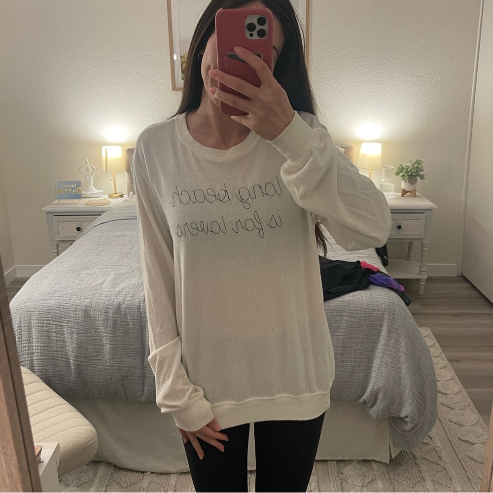 Cozy knit “Long Beach is for lovers” sweater.
